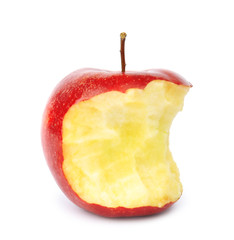 Half eaten red apple on white background