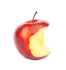 Ripe juicy red apple with bite mark on white background