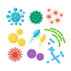 Set of bacteria, microbes, virus, germs. Disease-causing object isolated on background. Bacterial microorganisms, probiotic cells. Vector cartoon design.