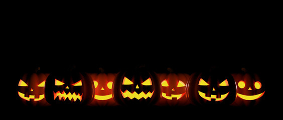 Seven Halloween Pumpkin glowing faces in a row isolated on black background. 3D Rendering illustration