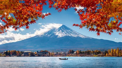 Stof per meter Fuji Autumn Season and Mountain Fuji at Kawaguchiko lake, Japan.