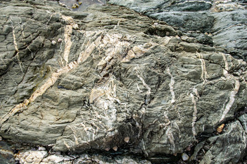 Stratified layers of rocks and rock pools on the beach at Portwrinkle, Plymouth, Devon