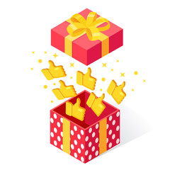 Opened gift box with thumbs up isolated on white background. 3d isometric package, surprise with confetti. Testimonials, feedback, customer review concept. Vector cartoon design