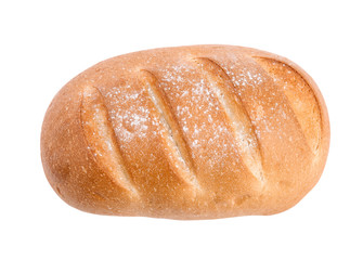 Loaf of fresh bread on white background, top view