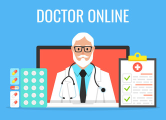 Online doctor man character look out laptop. Online medical consultation concept. Vector illustration.