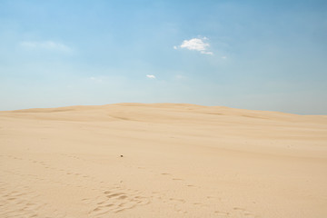 Fototapeta na wymiar White sand dunes on a sunny day with bright blue sky in Slowinski National Park in Leba in Plonad