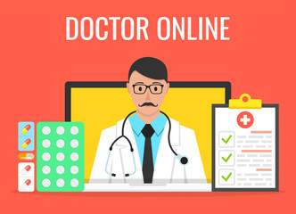 Fototapeta na wymiar Online doctor man character look out laptop. Online medical consultation concept. Vector illustration.