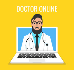 Online doctor man character look out laptop. Online medical consultation concept. Vector illustration.