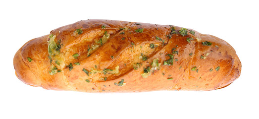 Bread loaf with garlic and herbs on white background