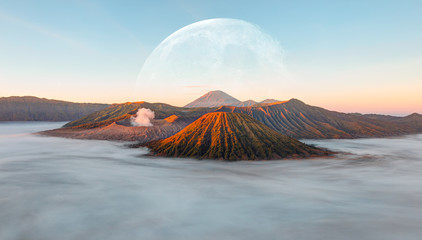 Beautiful landscape with Mount Bromo volcano viewpoint in Bromo Tengger Semeru National Park at sunrise, Indonesia. "Elements of this image furnished by NASA © muratart