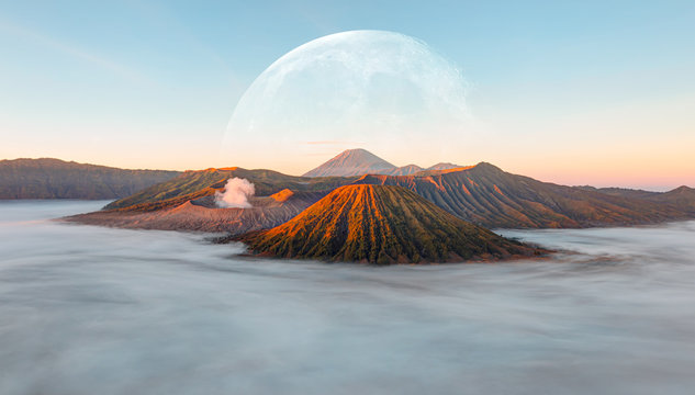 Beautiful landscape with Mount Bromo volcano viewpoint in Bromo Tengger Semeru National Park at sunrise, Indonesia. "Elements of this image furnished by NASA