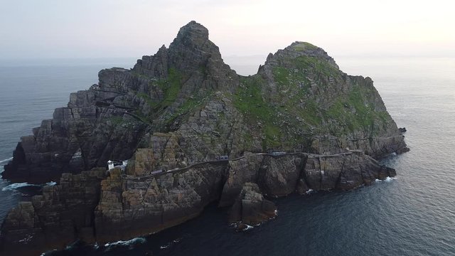 Wide aerial, sunset over Skellig Michael