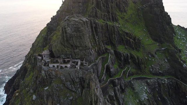 Tilt up aerial, ruins on Skellig Michael