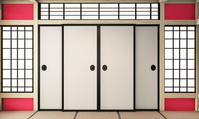 ryokan red Room empty zen very japanese style with tatami mat floor.3D rendering