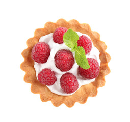 Delicious sweet pastry with berries on white background, top view