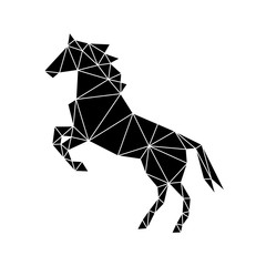 Geometric figure of a wild horse made of black triangles on a white background. Fashionable minimalism in the style of trigonometry.
