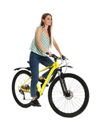 Fototapeta na wymiar Happy young woman riding bicycle on white background