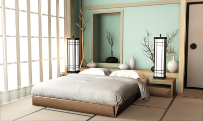 Ryokan light blue bed room very japanese style with tatami mat floor and decoration.3D rendering