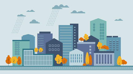 Obraz premium Vector illustration in flat style - autumn city landscape with buildings and trees - abstract horizontal banner and background 