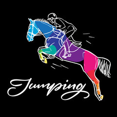 Нand drawn colorful graphic: horse riding. Equestrian sport like jumping  illustration for your design on black background