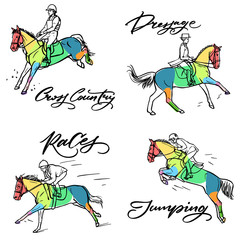 Нand drawn colorful graphic: horse riding. Equestrian sport like races, dressage, jumping and cross country illustration for your design