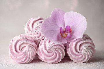 Fototapeta na wymiar Group of pink russian marshmallows (zephyr)