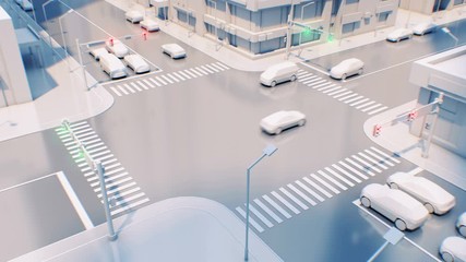 Beautiful Crossroad in Modern City with Traffic Lights Switching Green Red Colors Glowing. Car Traffic on the Streets 3d Animation. 4k Ultra HD 3840x2160.