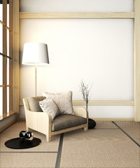 Sofa armchair mock up on room zen with tatami floor and decoration japanese style.3D rendering