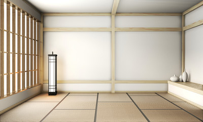 Empty zen room very japanese style with tatami mat floor and wall mix wooden design.3D rendering