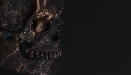 Silver human skull with dark background. Death, horror, anatomy and halloween symbol. 3d rendering, 3d illustration