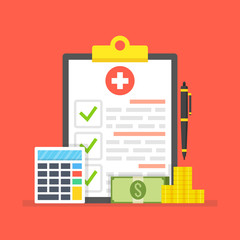 Medical insurance, medical care concept. Medical clipboard. Vector illustration.