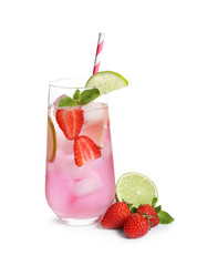 Tasty refreshing drink with strawberries on white background