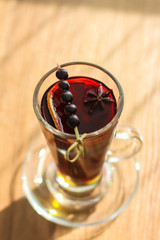 mulled wine (delicious and festive drink) menu concept. food background. copy space. Top view
