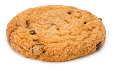One Chocolate chip cookie isolated on white background. Sweet biscuit. Homemade pastry.