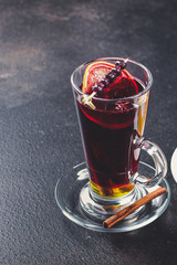 mulled wine (delicious and festive drink) menu concept. food background. copy space. Top view