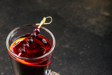 mulled wine (delicious and festive drink) menu concept. food background. copy space. Top view
