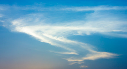 Clouds that are shaped like dragons flying in the sky or S form, at sunset background.