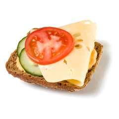 Open faced sandwich crostini isolated on white background closeup. Vegetarian canape with cheese. Appetizer tartarine.