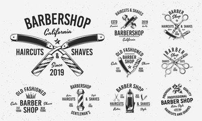 Collection of Barbershop emblems, labels, badges. Set of 9 logo templates. Trendy monochrome style. Vector templates