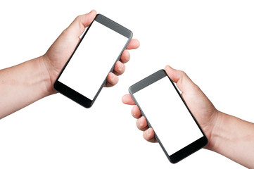Two white man holding blank screen smartphone on white background