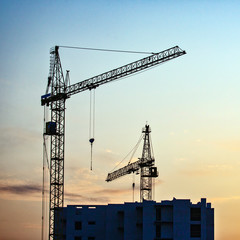Construction cranes with built houses on the background of the sunset sky