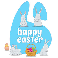 Blue Happy Easter Background with 4 Bunnies a Chick and Eggs Basket Illustration