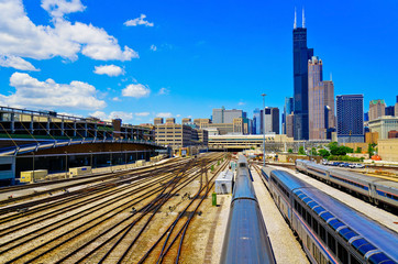 View of the railways near the Union Station in Chicago with the skyline in the background. 