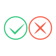 Check mark icons. Green tick and red cross checkmarks icons set. Flat cartoon style. Vector illustration.