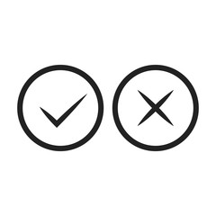 Check mark icons. Green tick and red cross checkmarks icons set. Flat cartoon style. Vector illustration.