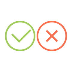 Check mark icons. Green tick and red cross checkmarks icons set. Flat cartoon style. Vector illustration.