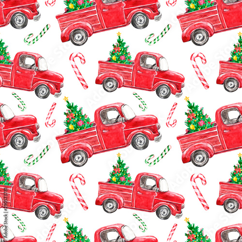 Festive Christmas Seamless Pattern With Watercolor Red Truck And Fir Tree On White Background Watercolor Vintage Car Pine Tree And Striped Candy Cane For Winter Holiday Design Packaging Wall Mural Anna