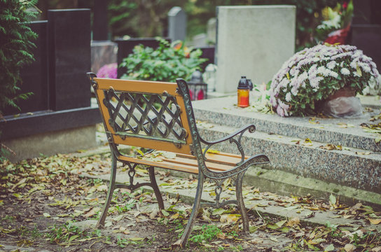 empty bench in the cemetery