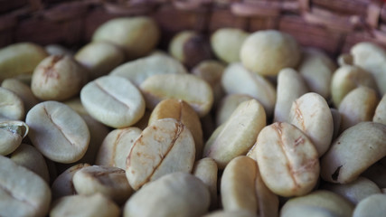 Closeup Shot of Fully or Semi Washed Process Coffee Beans in A Bamboo Basket.  Selective Focus, Blurred Foreground and Background.
