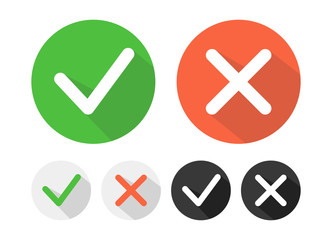 Check mark icons set. Tick and cross checkmarks icons with shadow. Vector illustration.